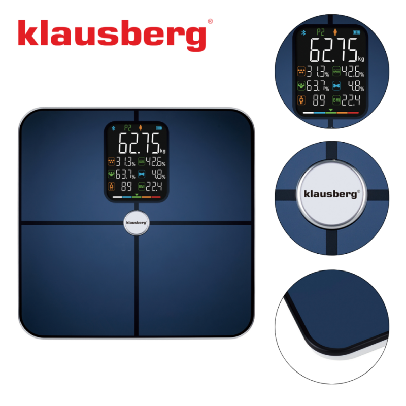 Дигитален кантар Klausberg KB 7940, 180 Kg, BIA, LCD, Bluetooth, 12 показателя, Закалено стъкло, Тъмносин