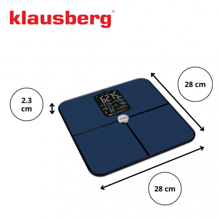 Дигитален кантар Klausberg KB 7940, 180 Kg, BIA, LCD, Bluetooth, 12 показателя, Закалено стъкло, Тъмносин