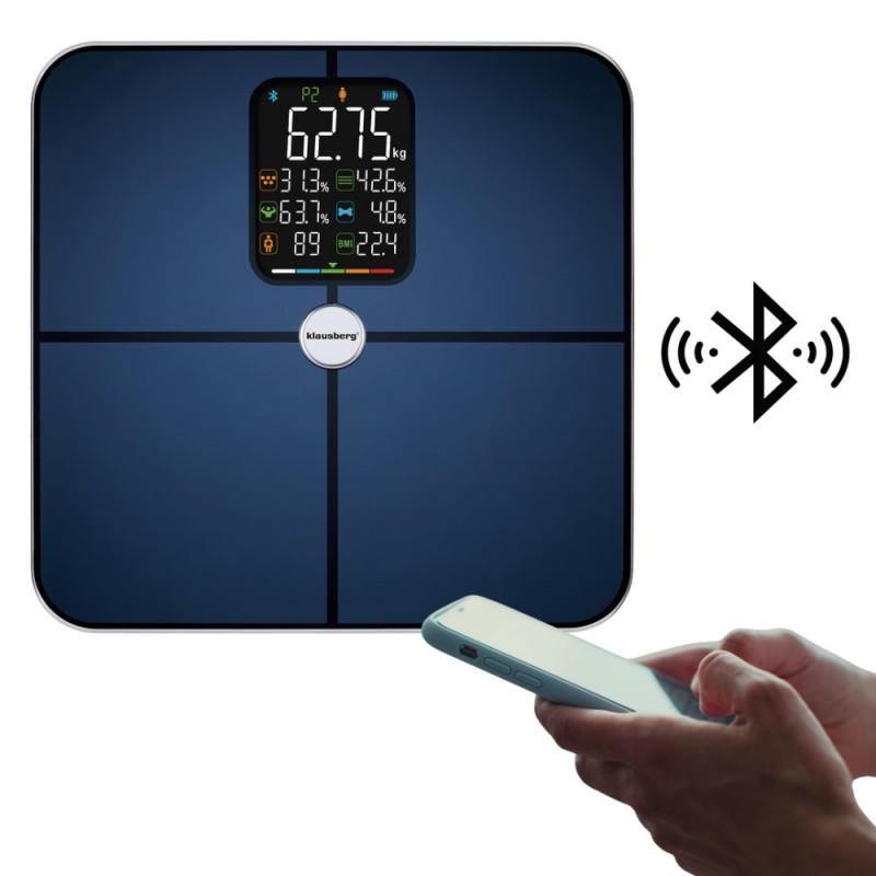 Дигитален кантар Klausberg KB 7940, 180 Kg, BIA, LCD, Bluetooth, 12 показателя, Закалено стъкло, Тъмносин