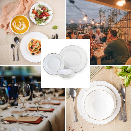 Сервиз за хранене Kinghoff KH 1921, 18 части, За 6 души, Опалово стъкло, Бял/Зластист