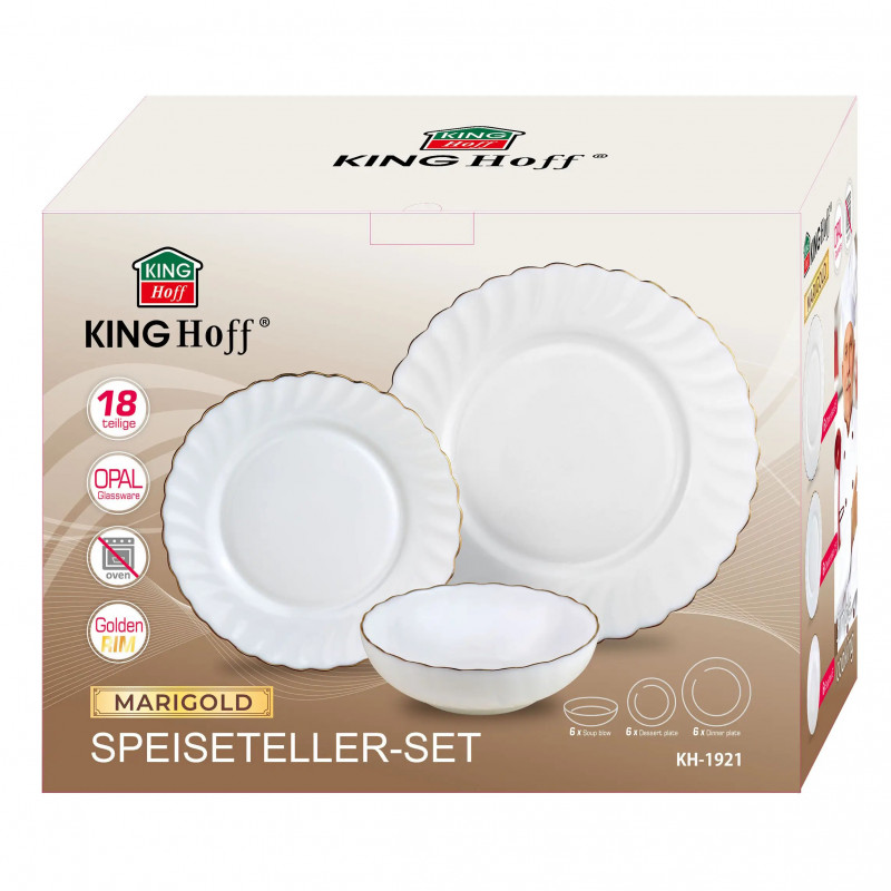 Сервиз за хранене Kinghoff KH 1921, 18 части, За 6 души, Опалово стъкло, Бял/Зластист