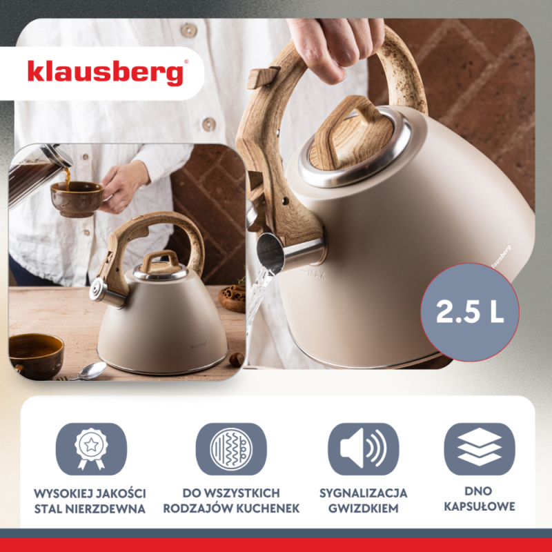 Свирещ чайник Klausberg KB 7954, 2.5 л, Неръждаема стомана, Топлоизолирана дръжка с дървесен ефект, Индукция, Бежов/кафяв