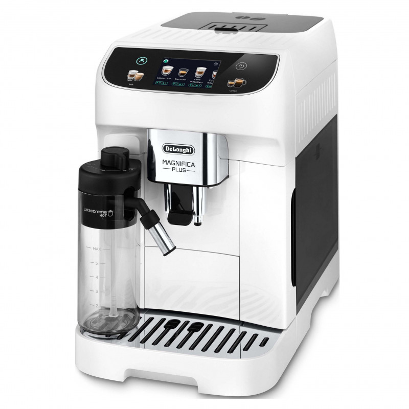 Кафеавтомат DeLonghi Magnifica PLUS ECAM 320.60.W, 1450W, 15 bar, 1.8l, 15 програми, 13 нива на смилане, TFT тъчскрийн, LatteCrema Hot, Опция за кафе на зърна, Бял