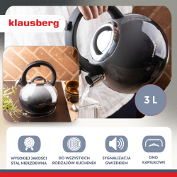 Свирещ чайник Klausberg KB 7955, 3l, Термоизолирана дръжка, Многослойно дъно, Индукция, Тъмносив графит