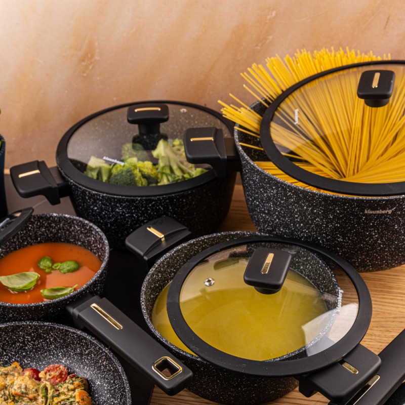 Комплект тенджери и тигани Klausberg KB 7966, 12 части, Отливка, Незалепващо мраморно покритие, Индукция, Черен