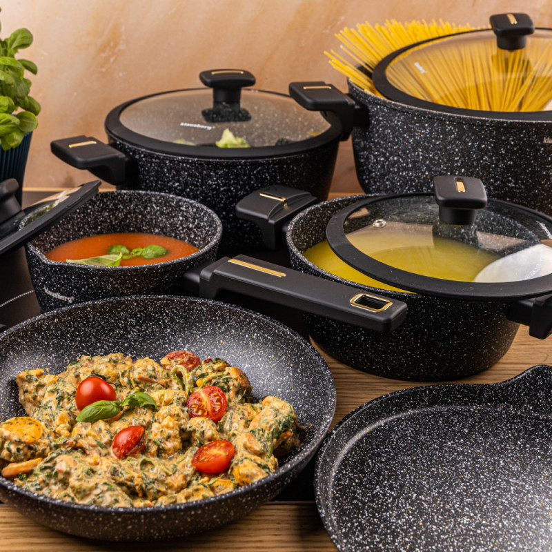 Комплект тенджери и тигани Klausberg KB 7966, 12 части, Отливка, Незалепващо мраморно покритие, Индукция, Черен