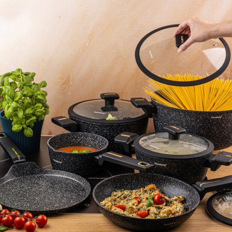 Комплект тенджери и тигани Klausberg KB 7966, 12 части, Отливка, Незалепващо мраморно покритие, Индукция, Черен