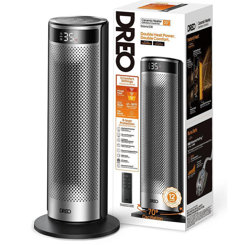 Вентилаторна печка DREO Solaris 628, 2000W, До 25 м2, 5 режима, 5-35C, HeatShield360, Таймер, Черен/Сив