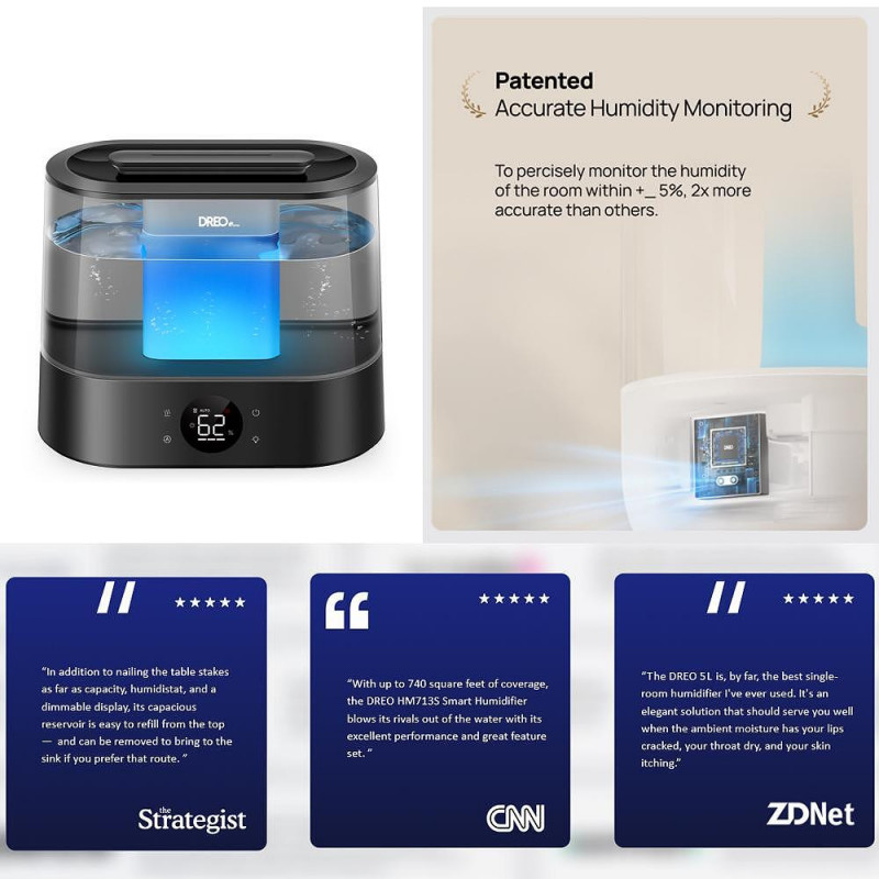 Ултразвуков овлажнител за въздух DREO 420S, До 25 м2, 300 мл/ч, 4 л, Автоматично регулиране, Нощен режим, Таймер, LED, Черен