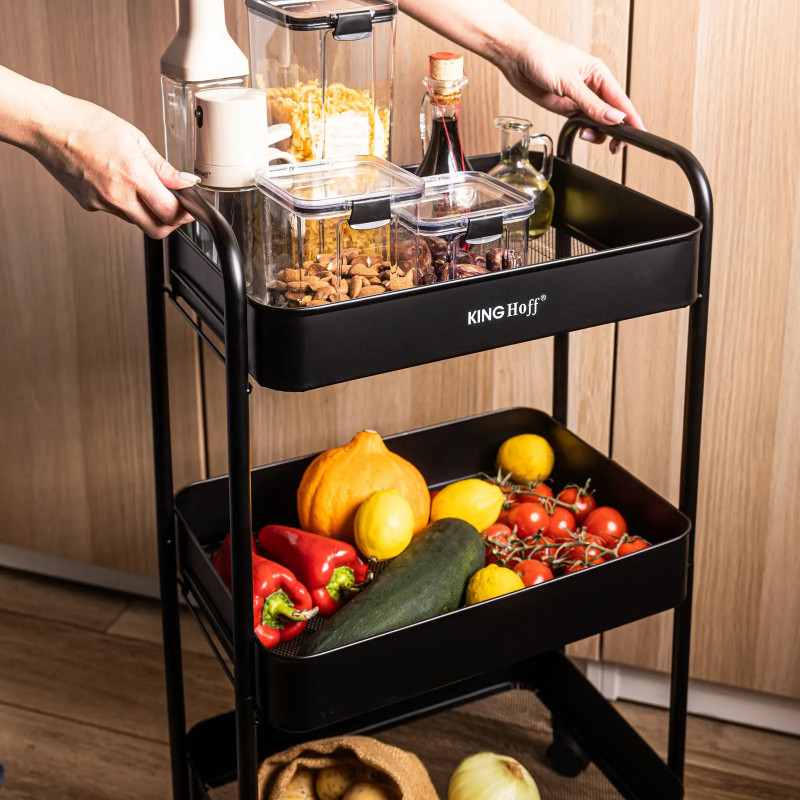 Подвижна етажерка Kinghoff KH 1941, 3 нива, 4 колелца въртящи се на 360 градуса, Черен