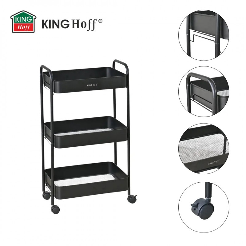 Подвижна етажерка Kinghoff KH 1941, 3 нива, 4 колелца въртящи се на 360 градуса, Черен