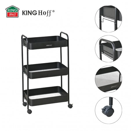 Подвижна етажерка Kinghoff KH 1941, 3 нива, 4 колелца въртящи се на 360 градуса, Черен