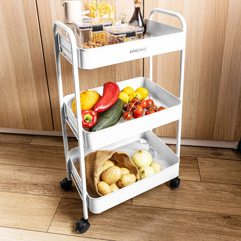 Подвижна етажерка Kinghoff KH 1942, 3 нива, 4 колелца въртящи се на 360 градуса, Бял