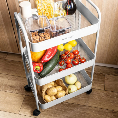 Подвижна етажерка Kinghoff KH 1942, 3 нива, 4 колелца въртящи се на 360 градуса, Бял