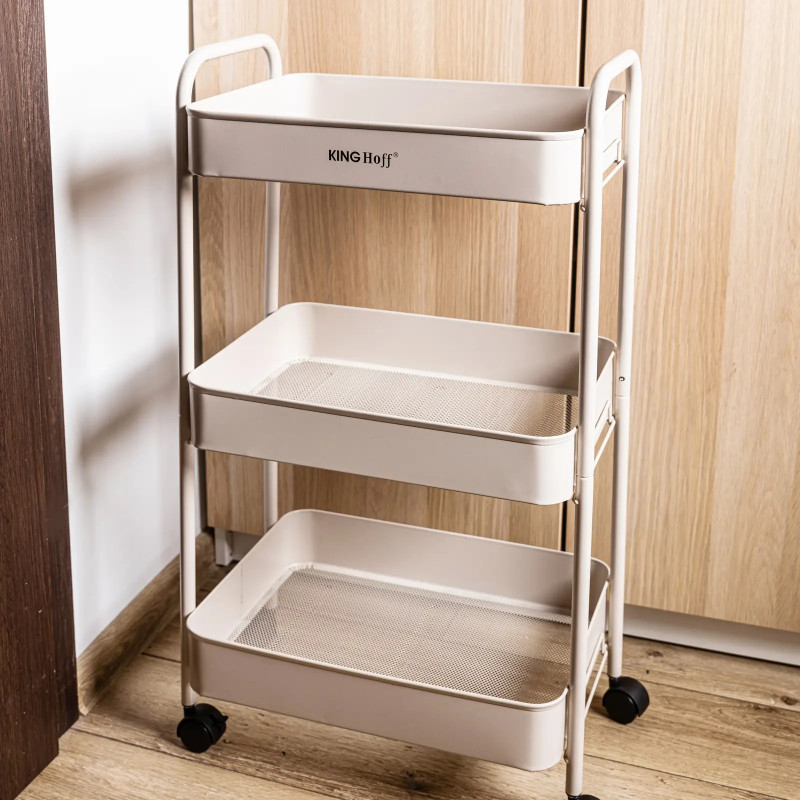 Подвижна етажерка Kinghoff KH 1943, 3 нива, 4 колелца въртящи се на 360 градуса, Бежов