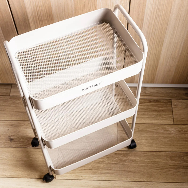 Подвижна етажерка Kinghoff KH 1943, 3 нива, 4 колелца въртящи се на 360 градуса, Бежов