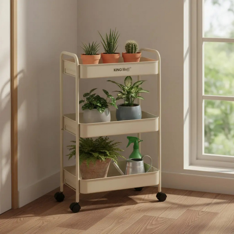 Подвижна етажерка Kinghoff KH 1943, 3 нива, 4 колелца въртящи се на 360 градуса, Бежов