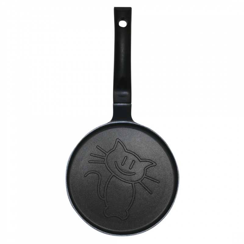 Тиган за палачинки Klausberg KB 7973, 18 см, Релефно дъно с котенце, Незалепващо покритие, Без PFOA, Индукция, Черен