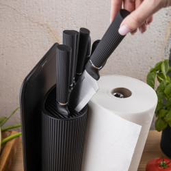 Комплект ножове Klausberg KB 7977, 8 части, Неръждаема стомана, Стойка, Държач за кухненска хартия, Черен