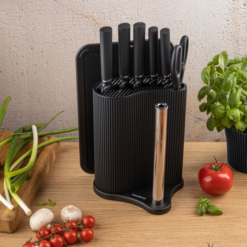 Комплект ножове Klausberg KB 7977, 8 части, Неръждаема стомана, Стойка, Държач за кухненска хартия, Черен