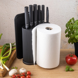 Комплект ножове Klausberg KB 7977, 8 части, Неръждаема стомана, Стойка, Държач за кухненска хартия, Черен