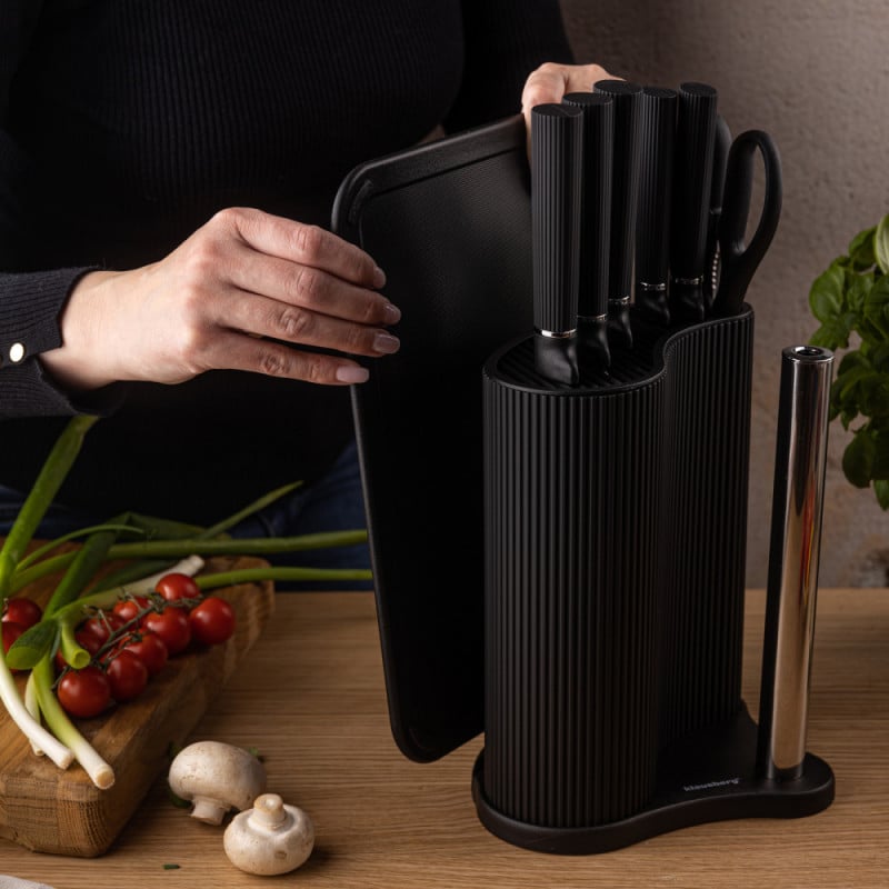 Комплект ножове Klausberg KB 7977, 8 части, Неръждаема стомана, Стойка, Държач за кухненска хартия, Черен