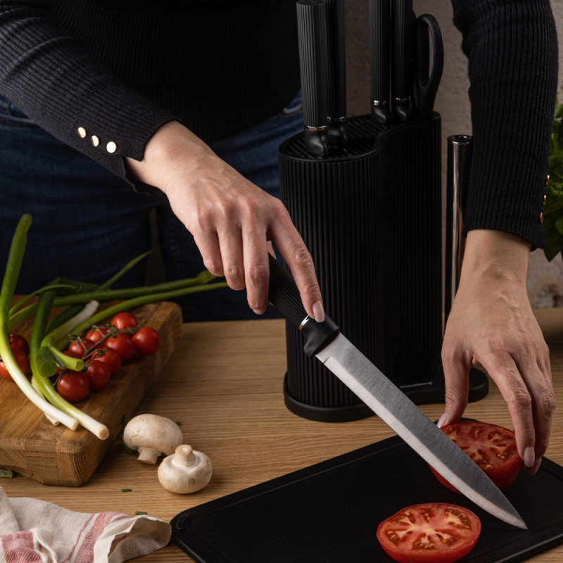 Комплект ножове Klausberg KB 7977, 8 части, Неръждаема стомана, Стойка, Държач за кухненска хартия, Черен