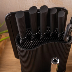 Комплект ножове Klausberg KB 7977, 8 части, Неръждаема стомана, Стойка, Държач за кухненска хартия, Черен