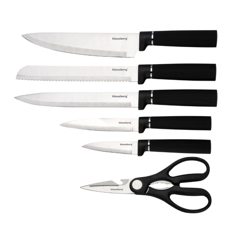 Комплект ножове Klausberg KB 7977, 8 части, Неръждаема стомана, Стойка, Държач за кухненска хартия, Черен