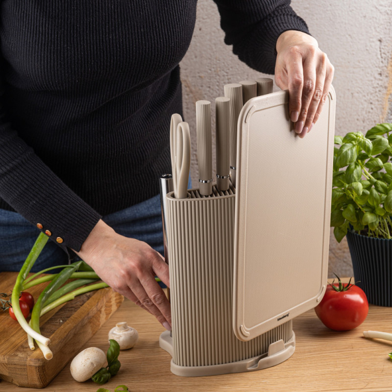 Комплект ножове Klausberg KB 7978, 8 части, Неръждаема стомана, Стойка, Държач за кухненска хартия, Бежов