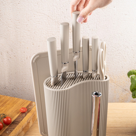 Комплект ножове Klausberg KB 7978, 8 части, Неръждаема стомана, Стойка, Държач за кухненска хартия, Бежов