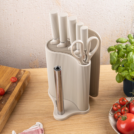 Комплект ножове Klausberg KB 7978, 8 части, Неръждаема стомана, Стойка, Държач за кухненска хартия, Бежов