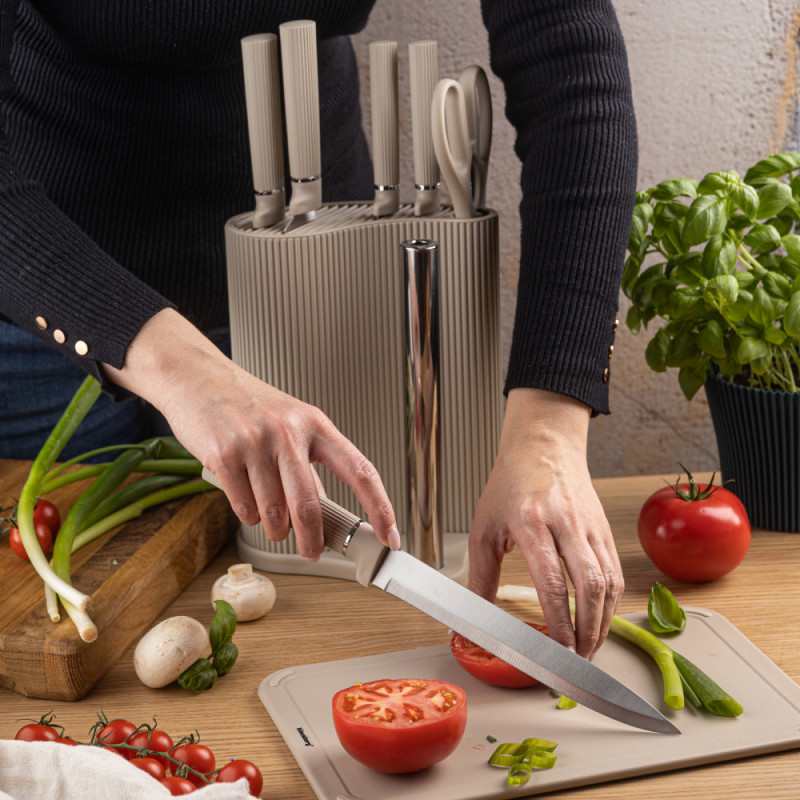 Комплект ножове Klausberg KB 7978, 8 части, Неръждаема стомана, Стойка, Държач за кухненска хартия, Бежов