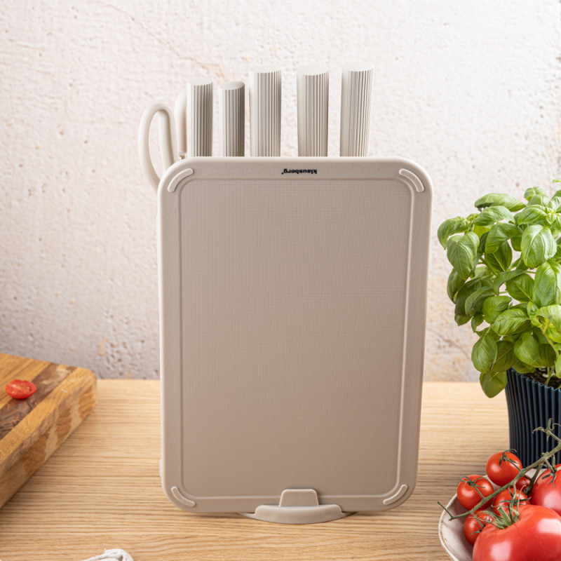 Комплект ножове Klausberg KB 7978, 8 части, Неръждаема стомана, Стойка, Държач за кухненска хартия, Бежов