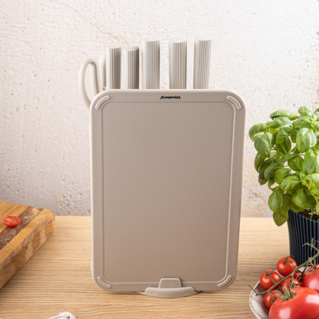 Комплект ножове Klausberg KB 7978, 8 части, Неръждаема стомана, Стойка, Държач за кухненска хартия, Бежов