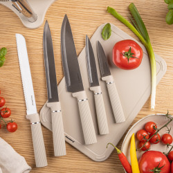 Комплект ножове Klausberg KB 7978, 8 части, Неръждаема стомана, Стойка, Държач за кухненска хартия, Бежов