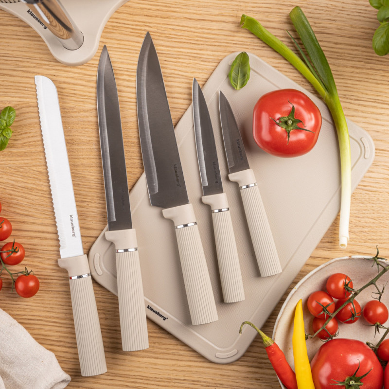 Комплект ножове Klausberg KB 7978, 8 части, Неръждаема стомана, Стойка, Държач за кухненска хартия, Бежов
