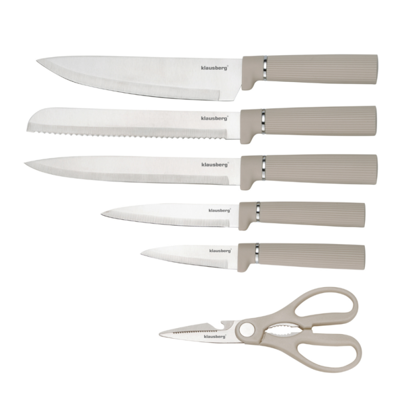 Комплект ножове Klausberg KB 7978, 8 части, Неръждаема стомана, Стойка, Държач за кухненска хартия, Бежов