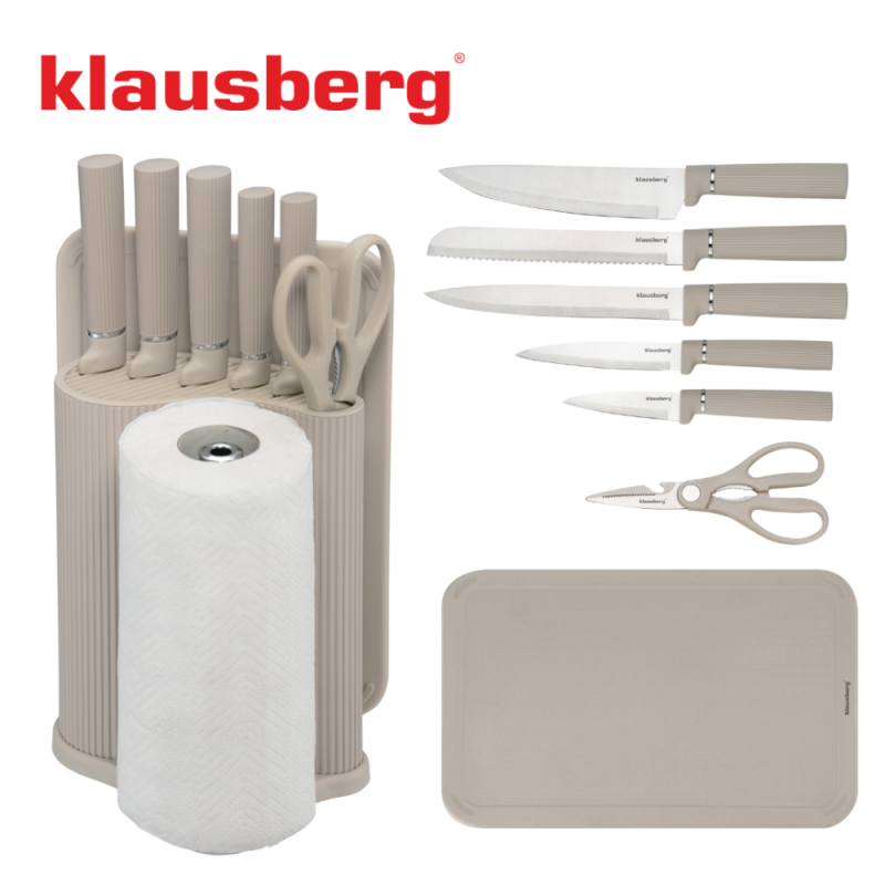 Комплект ножове Klausberg KB 7978, 8 части, Неръждаема стомана, Стойка, Държач за кухненска хартия, Бежов