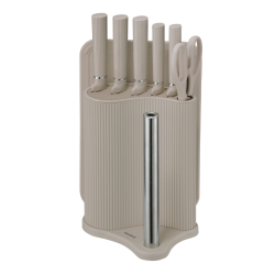 Комплект ножове Klausberg KB 7978, 8 части, Неръждаема стомана, Стойка, Държач за кухненска хартия, Бежов