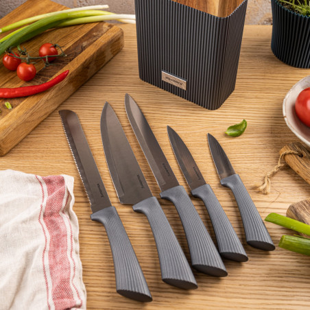 Комплект ножове Klausberg KB 7979, 6 части, Неръждаема стомана, Стойка, Графит/кафяв