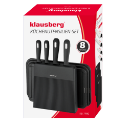 Комплект ножове и дъски за рязане Klausberg KB 7980, 8 части, Неръждаема стомана, Стойка, Черен/инокс