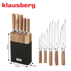 Комплект ножове Klausberg KB 7981, 6 части, Неръждаема стомана, Стойка, Кафяв/графит