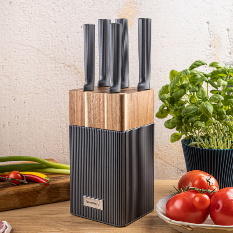 Комплект ножове Klausberg KB 7982, 6 части, Неръждаема стомана, Стойка от акациево дърво, Графит/кафяв