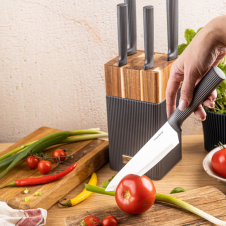 Комплект ножове Klausberg KB 7982, 6 части, Неръждаема стомана, Стойка от акациево дърво, Графит/кафяв