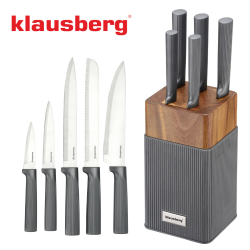 Комплект ножове Klausberg KB 7982, 6 части, Неръждаема стомана, Стойка от акациево дърво, Графит/кафяв