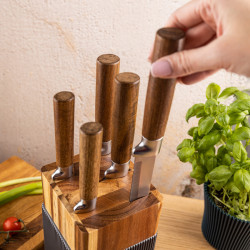 Комплект ножове Klausberg KB 7983, 6 части, Неръждаема стомана, Стойка от акациево дърво, Кафяв/графит