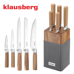 Комплект ножове Klausberg KB 7983, 6 части, Неръждаема стомана, Стойка от акациево дърво, Кафяв/графит