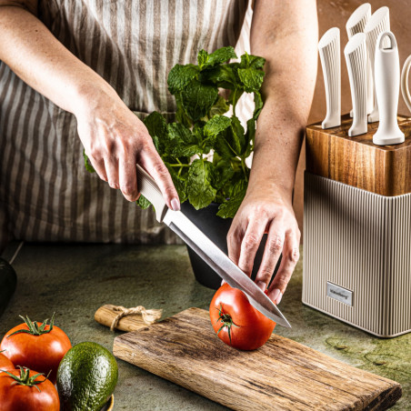 Комплект ножове Klausberg KB 7984, 8 части, Неръждаема стомана, Точило, Стойка от акациево дърво, Бежов/дървесен