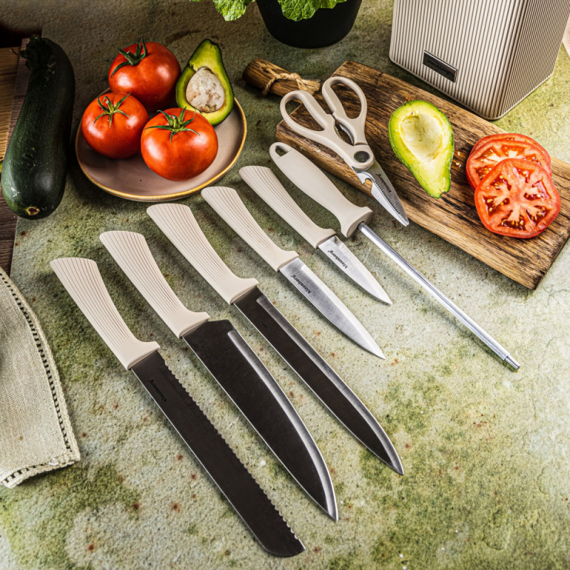 Комплект ножове Klausberg KB 7984, 8 части, Неръждаема стомана, Точило, Стойка от акациево дърво, Бежов/дървесен